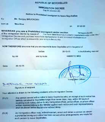 Lawyer Sanjay Bhuckory refused to sign the Immigration decree handed to him
